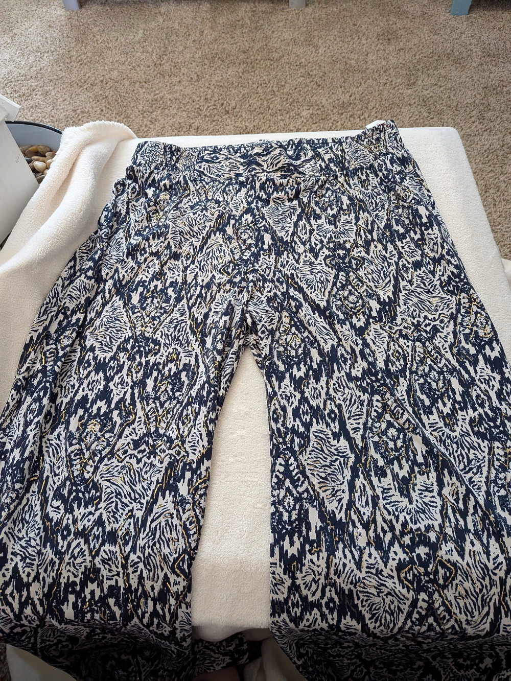 IMAN Navy, White and Gold Abstract Print Wide-Leg Pants